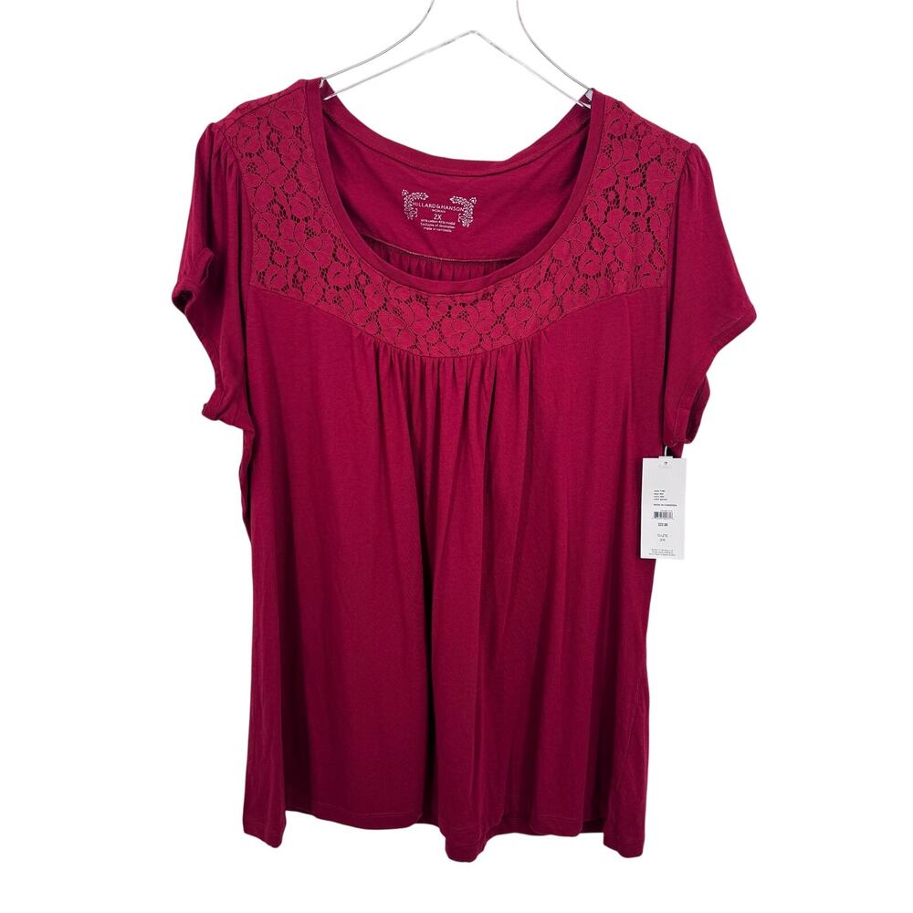 Hillard & Hanson blouse women's 2X modal lace overlay scoop neck red boho NEW